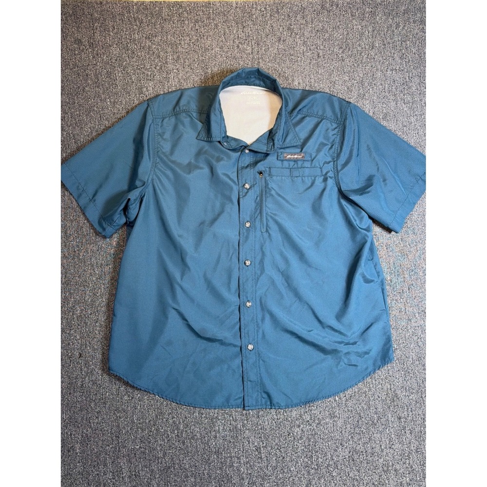 Eddie Bauer Mens XL Blue Ripstop Short Sleeve Fishing Hiking Shirt Ventilated